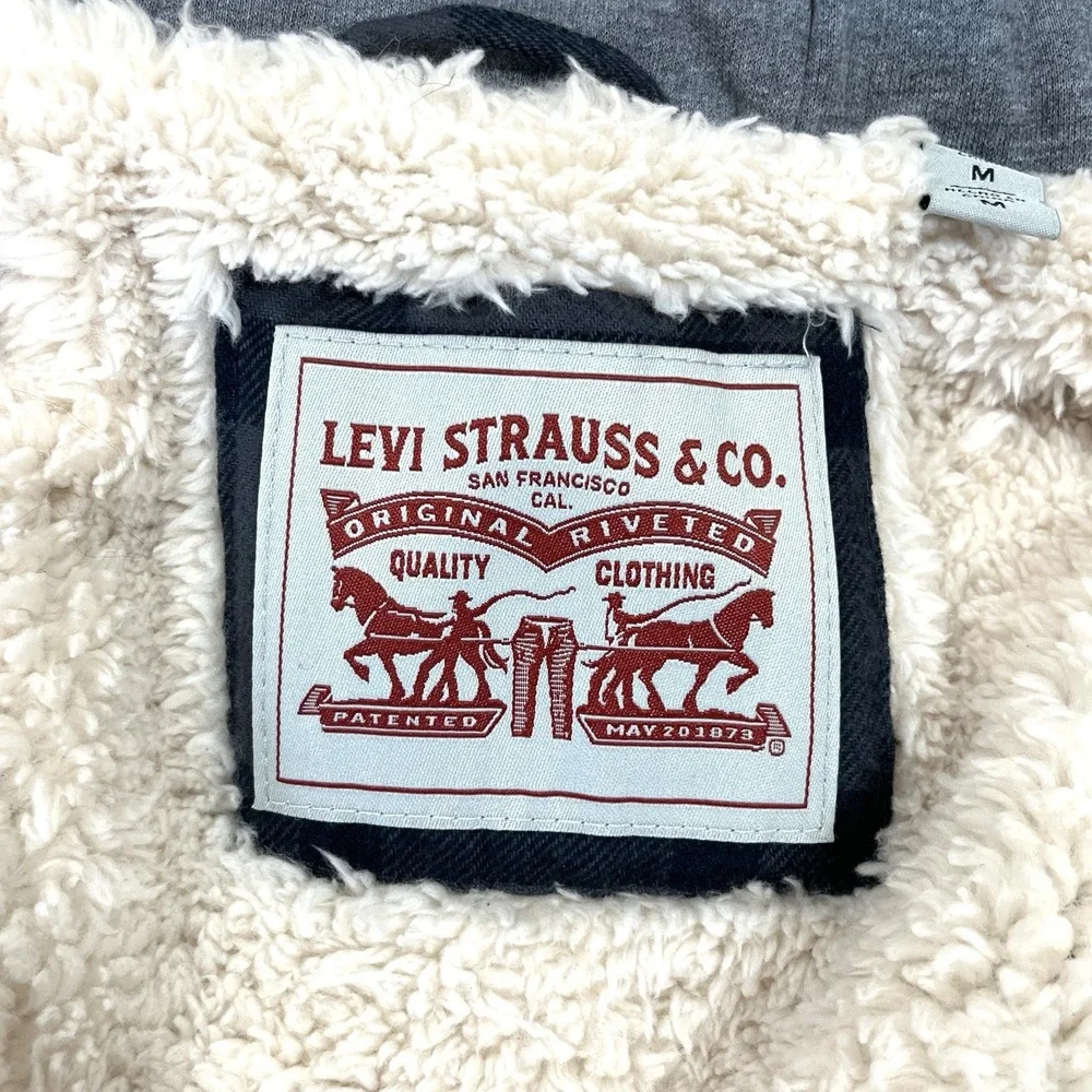 Levis Sherpa Lined Hooded Shirt Jacket Mens M Cotton Plaid Workwear Shacket